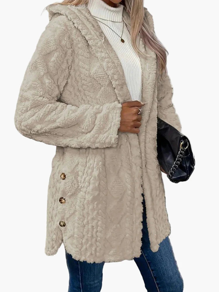 Chloe | Women's Teddy Fleece Hooded Jacket - Cosy Button Up Cardigan