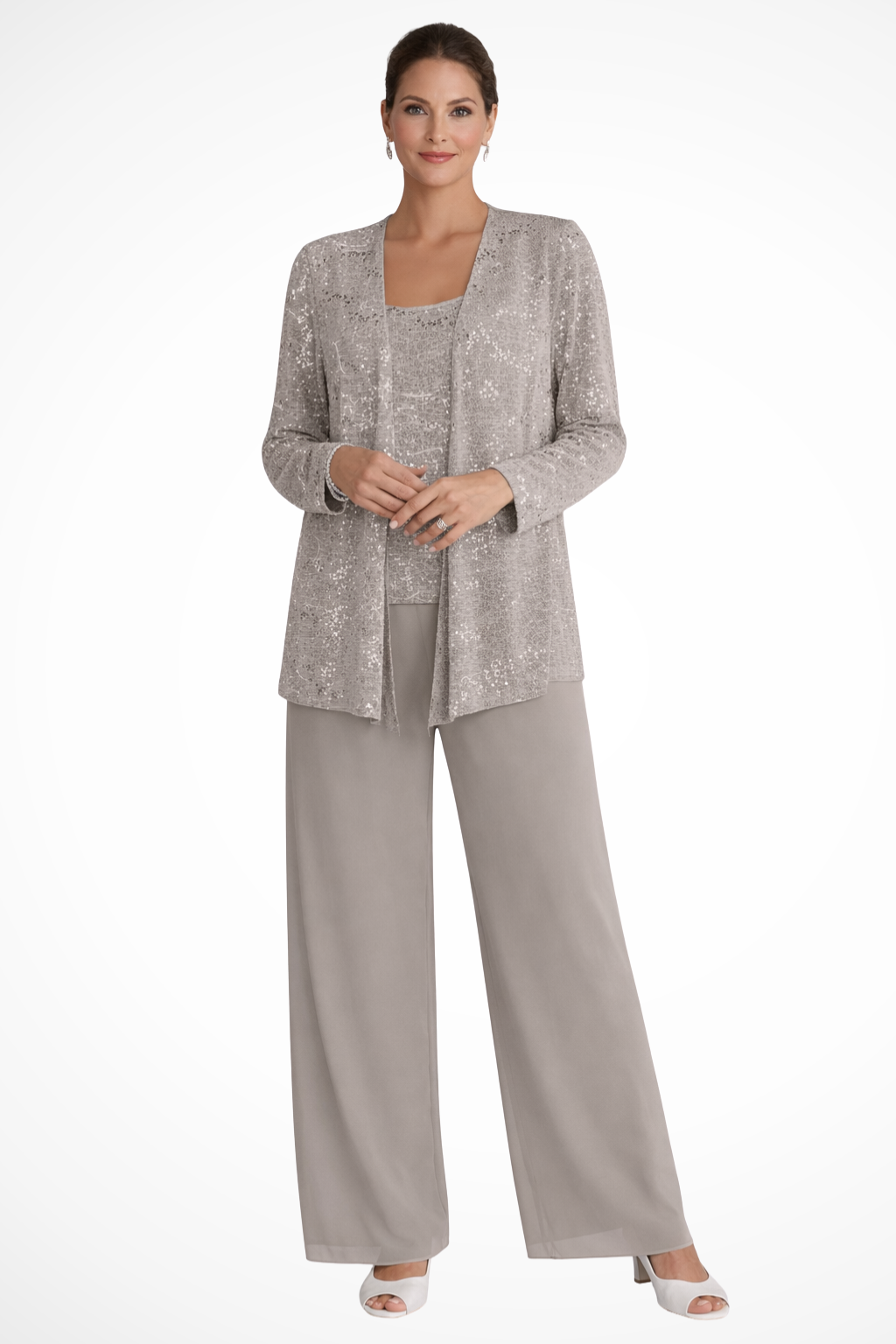 Three-Piece Occasion Suit - Elegant Lace Layer with Wide-Leg Trousers