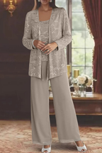 Three-Piece Occasion Suit - Elegant Lace Layer with Wide-Leg Trousers