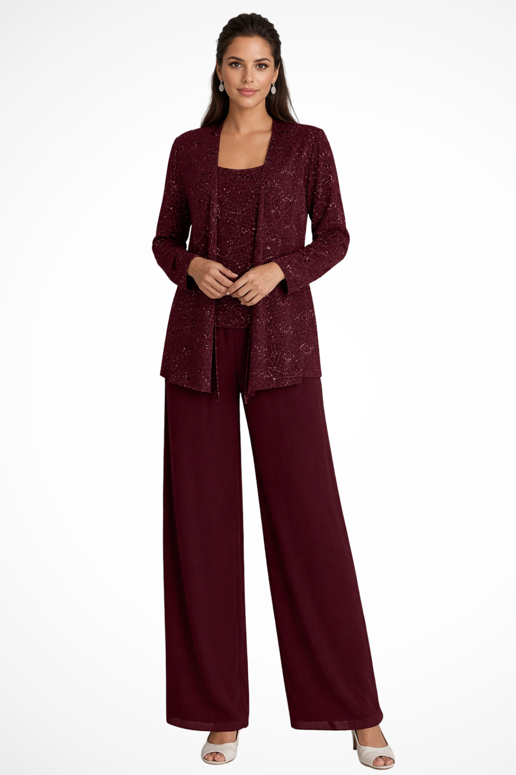Three-Piece Occasion Suit - Elegant Lace Layer with Wide-Leg Trousers