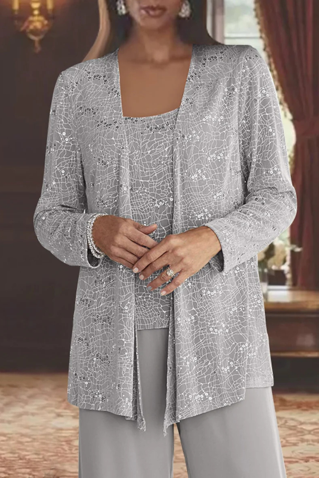 Three-Piece Occasion Suit - Elegant Lace Layer with Wide-Leg Trousers