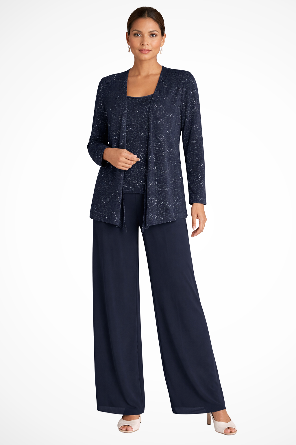 Three-Piece Occasion Suit - Elegant Lace Layer with Wide-Leg Trousers