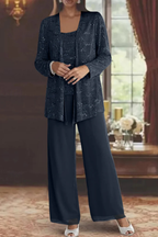 Three-Piece Occasion Suit - Elegant Lace Layer with Wide-Leg Trousers