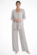 Three-Piece Occasion Suit - Elegant Lace Layer with Wide-Leg Fit