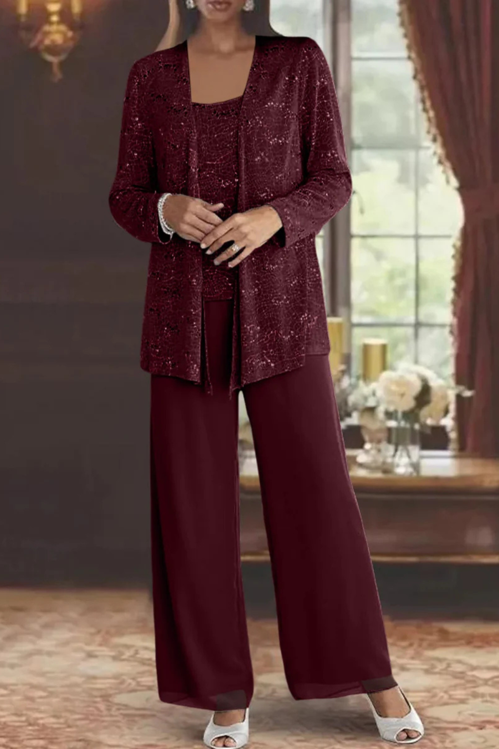 Three-Piece Occasion Suit - Elegant Lace Layer with Wide-Leg Fit