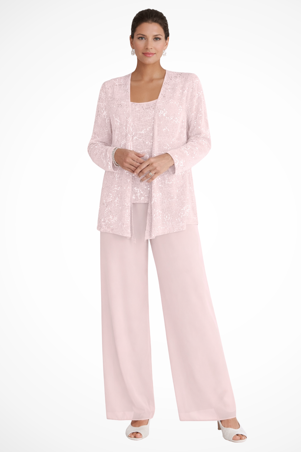 Three-Piece Occasion Suit - Elegant Lace Layer with Wide-Leg Fit