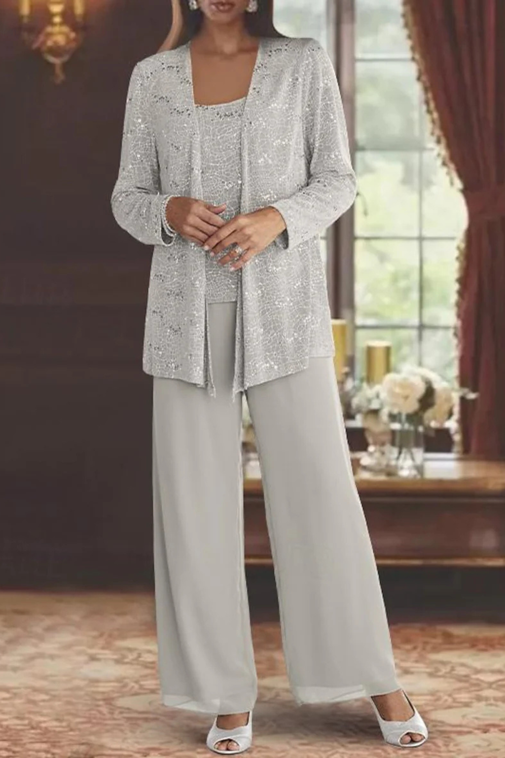 Three-Piece Occasion Suit - Elegant Lace Layer with Wide-Leg Fit