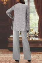 Three-Piece Occasion Suit - Elegant Lace Layer with Wide-Leg Fit