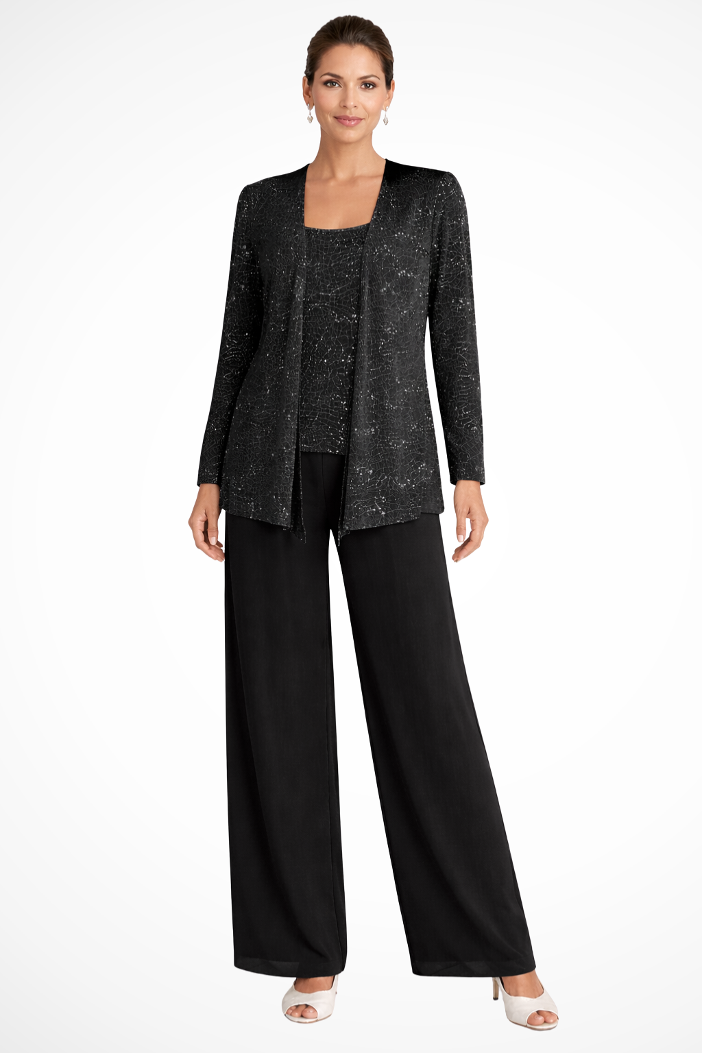 Three-Piece Occasion Suit - Elegant Lace Layer with Wide-Leg Fit