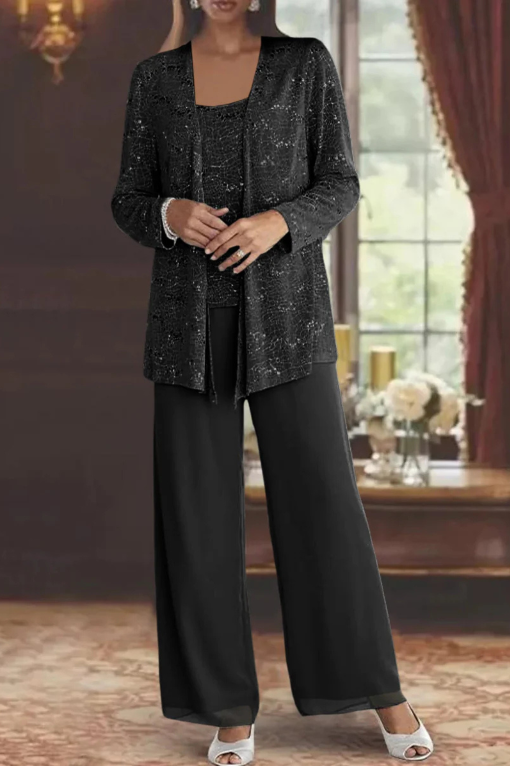 Three-Piece Occasion Suit - Elegant Lace Layer with Wide-Leg Fit