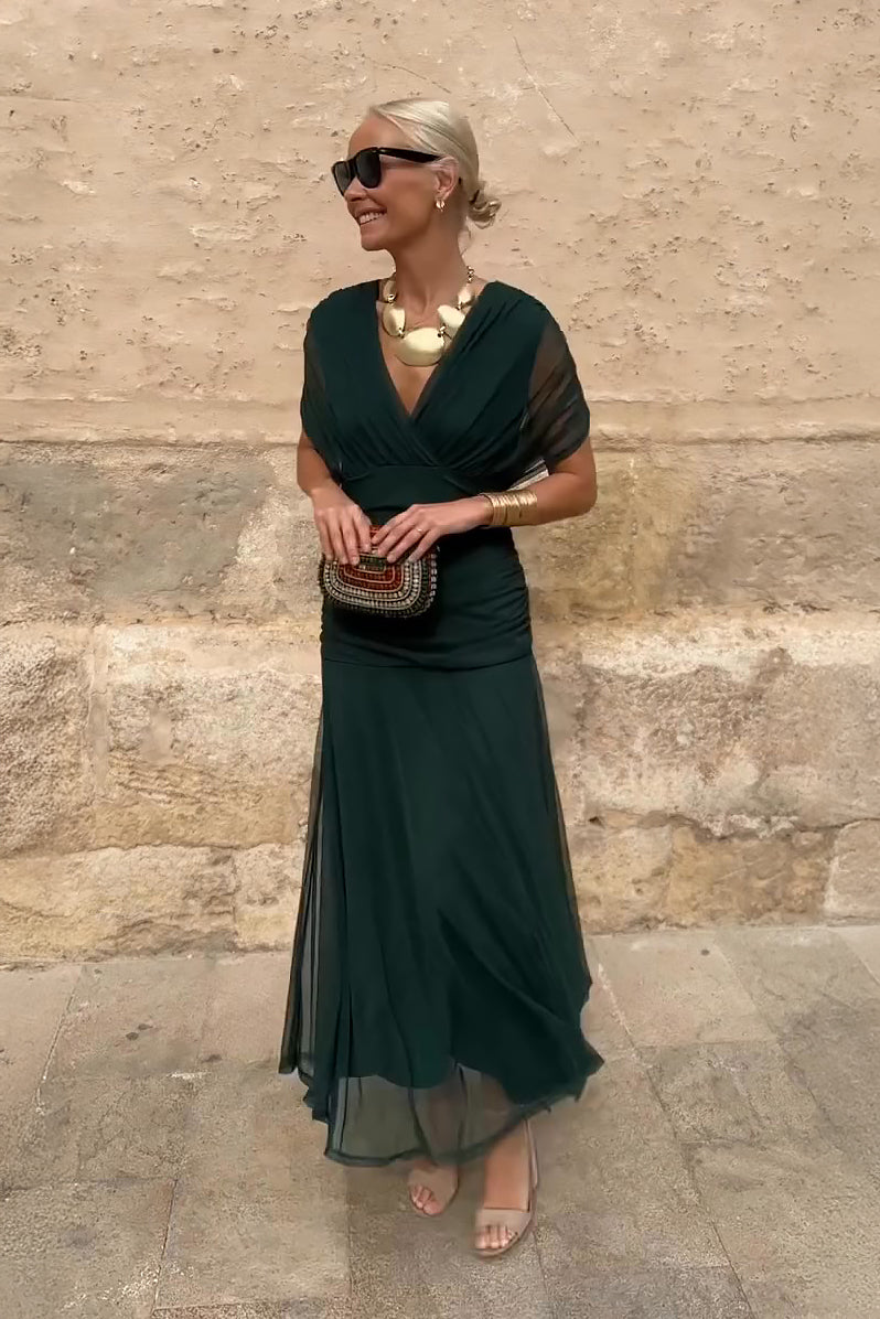 V-Neck Maxi Dress - Sleeveless Occasion Maxi Dress with Flowy Silhouette for Evening Wear and Modern Event Styling