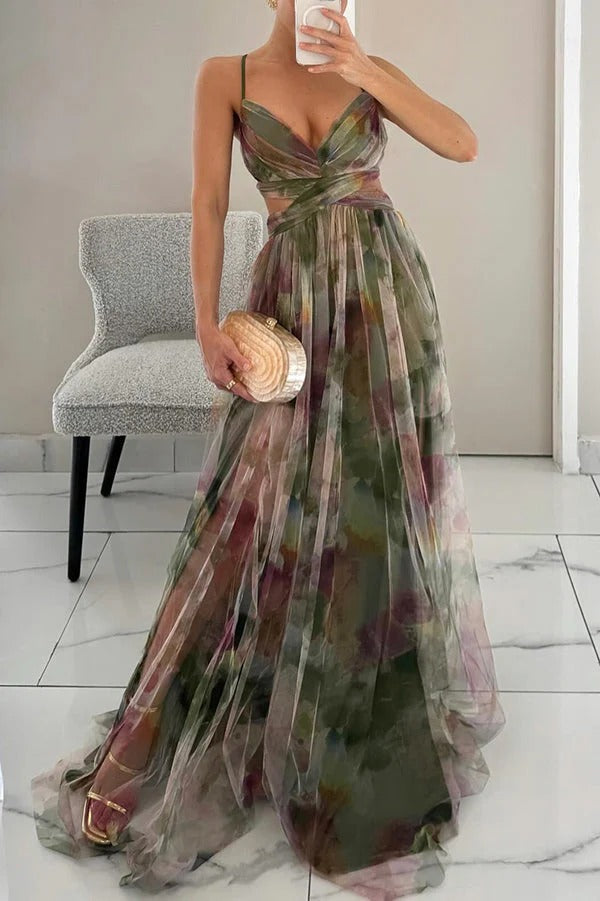 Floral V-Neck Maxi Dress - Elegant Flowing Wedding Guest Silhouette