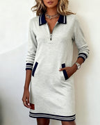 Long Sleeve Zip Dress with Lapel Collar – Elegant