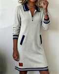 Long Sleeve Zip Dress with Lapel Collar – Elegant