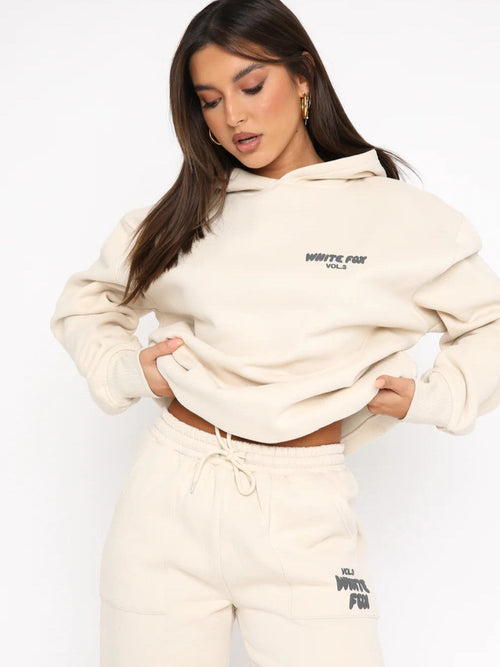Cropped Tracksuit Set - Relaxed Fit Two-Piece Loungewear with Back Print Detail