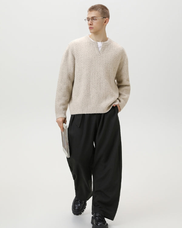 Cable Knit Notch Neck Sweater – Classic Warm Knit