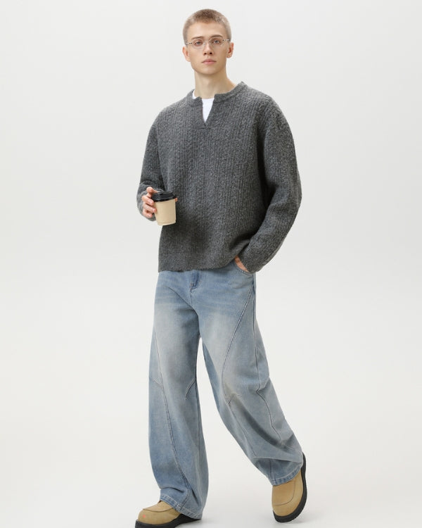 Cable Knit Notch Neck Sweater – Classic Warm Knit