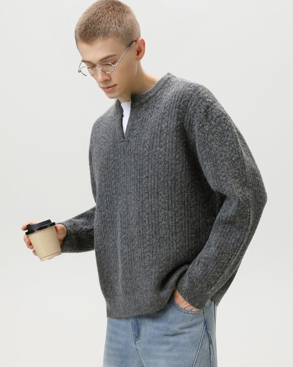 Cable Knit Notch Neck Sweater – Classic Warm Knit