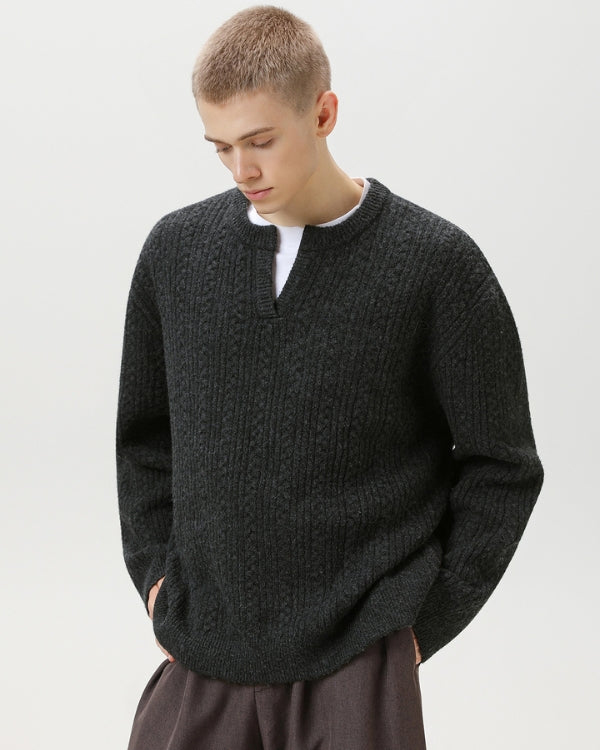 Cable Knit Notch Neck Sweater – Classic Warm Knit