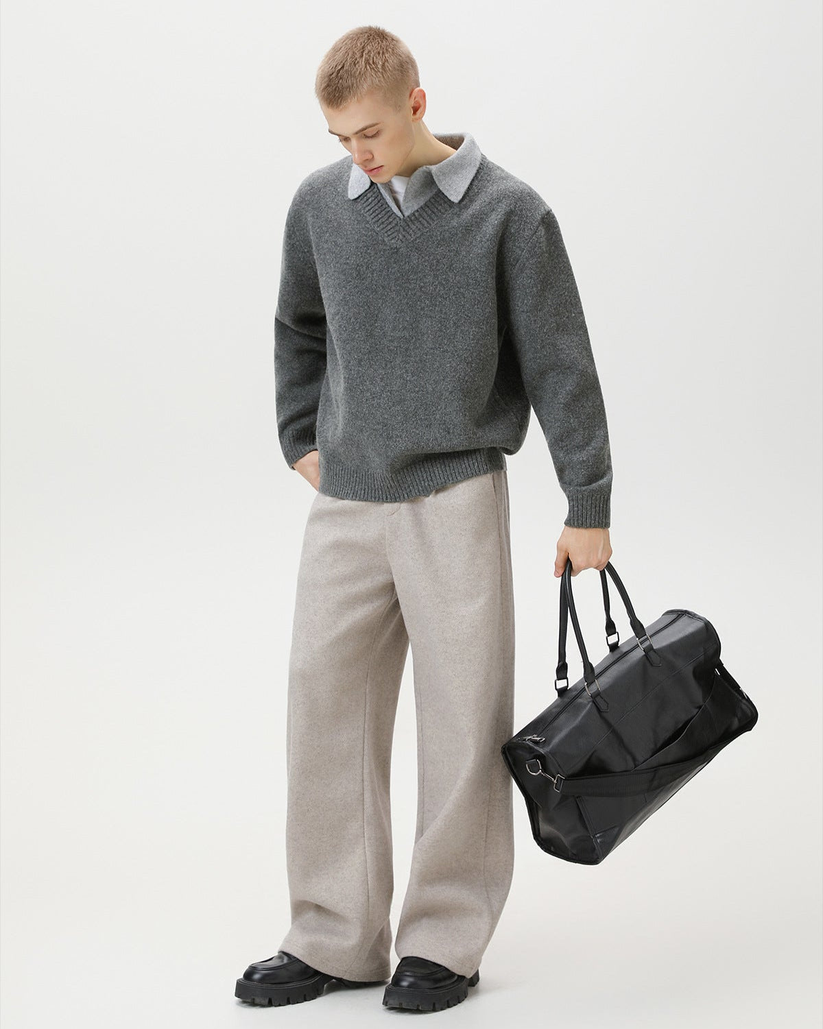 Wool Blend Collar V-Neck Knit Sweater – Smart