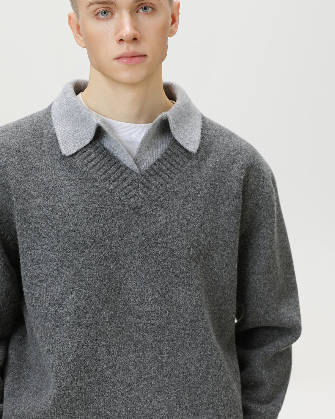 Wool Blend Collar V-Neck Knit Sweater – Smart