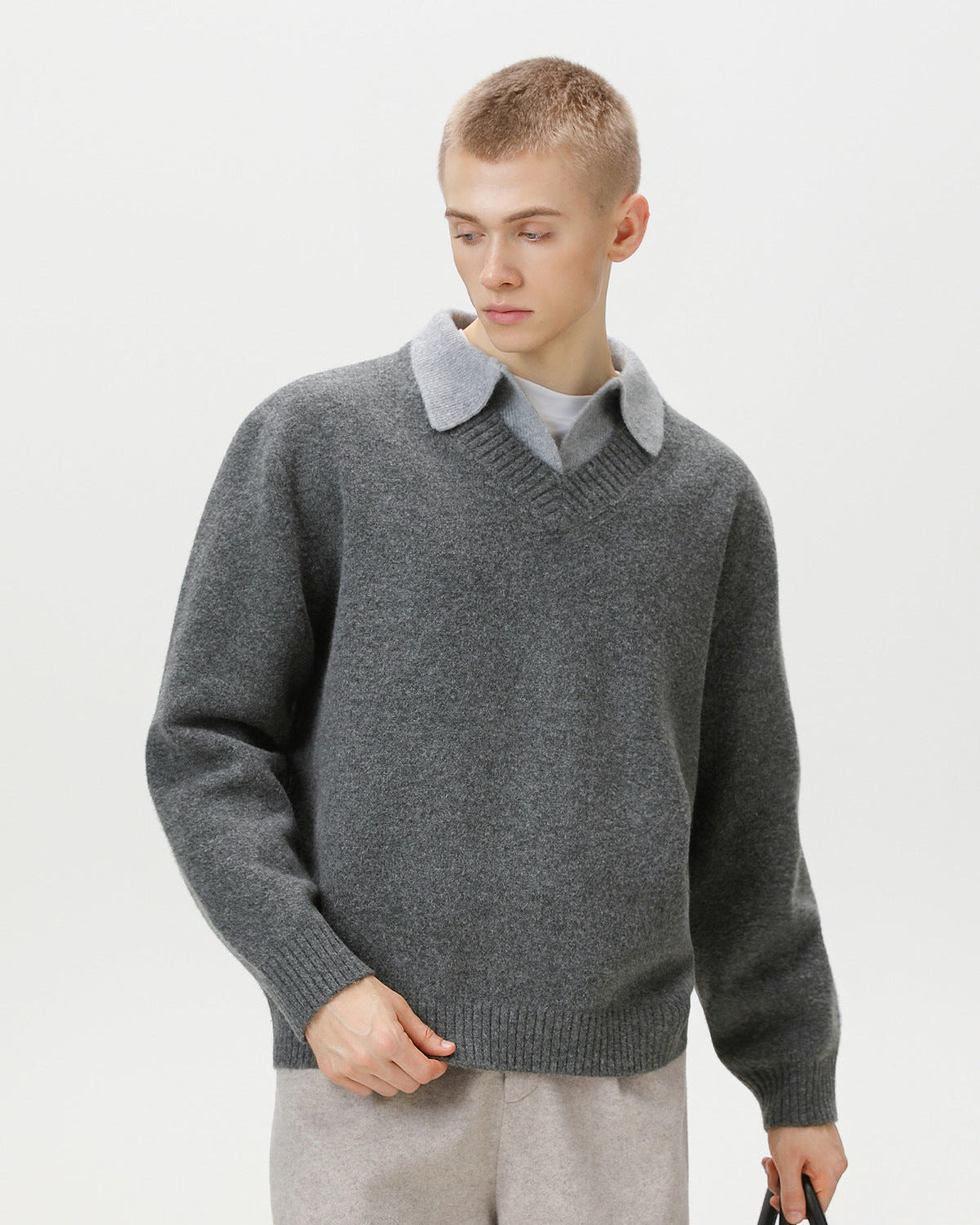 Wool Blend Collar V-Neck Knit Sweater – Smart