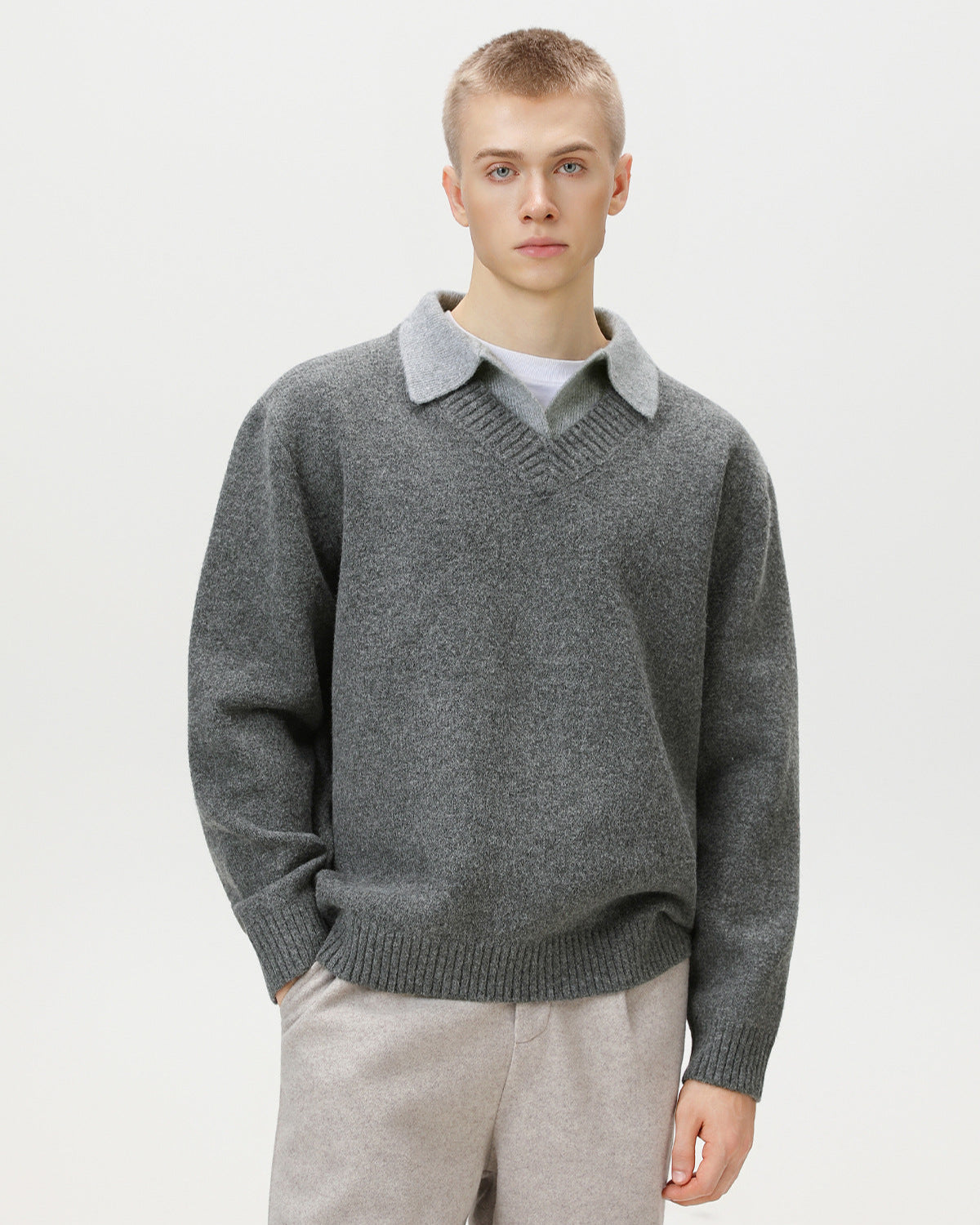 Wool Blend Collar V-Neck Knit Sweater – Smart