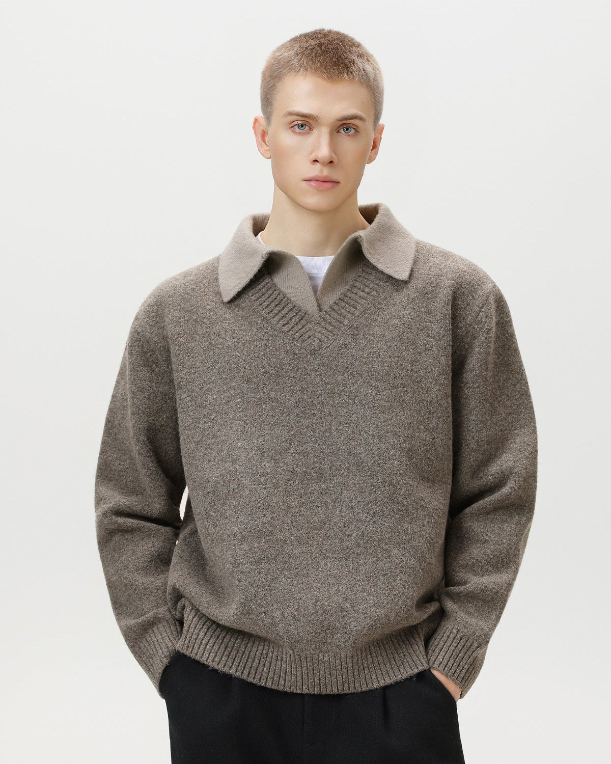 Wool Blend Collar V-Neck Knit Sweater – Smart